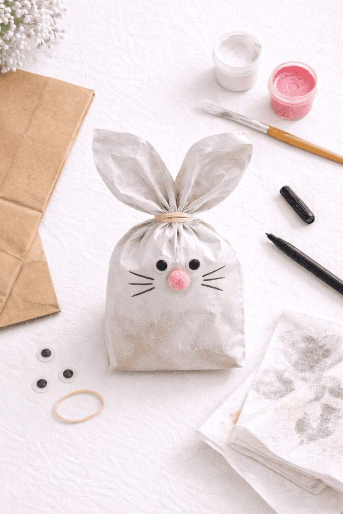 a small paper bag bunny made from a lunch-sized brown paper bag stuffed loosely with tissue paper