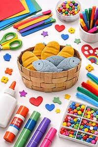 Handmade craft basket with loaves and fish