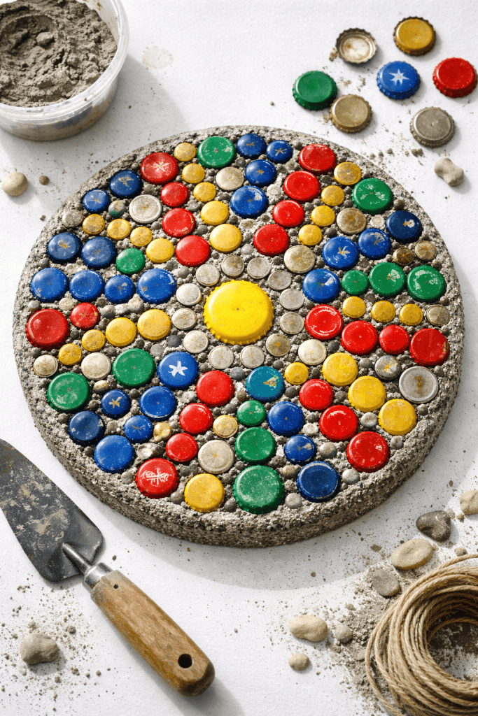 Handmade mosaic stepping stone with bottle caps