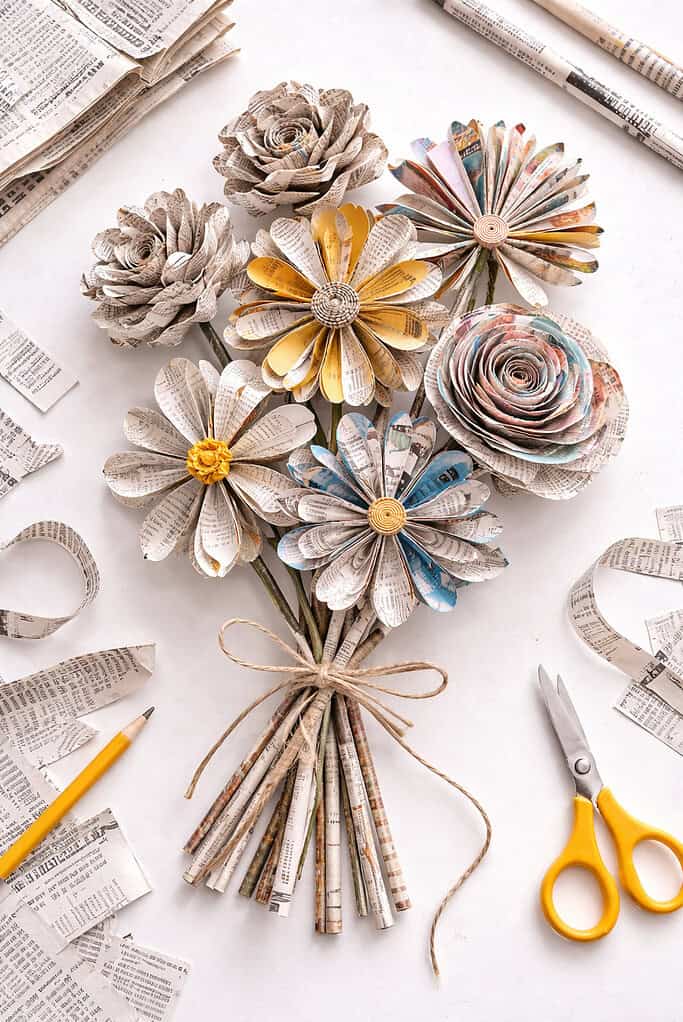 A handcrafted bouquet made from rolled and shaped newspaper or magazine pages