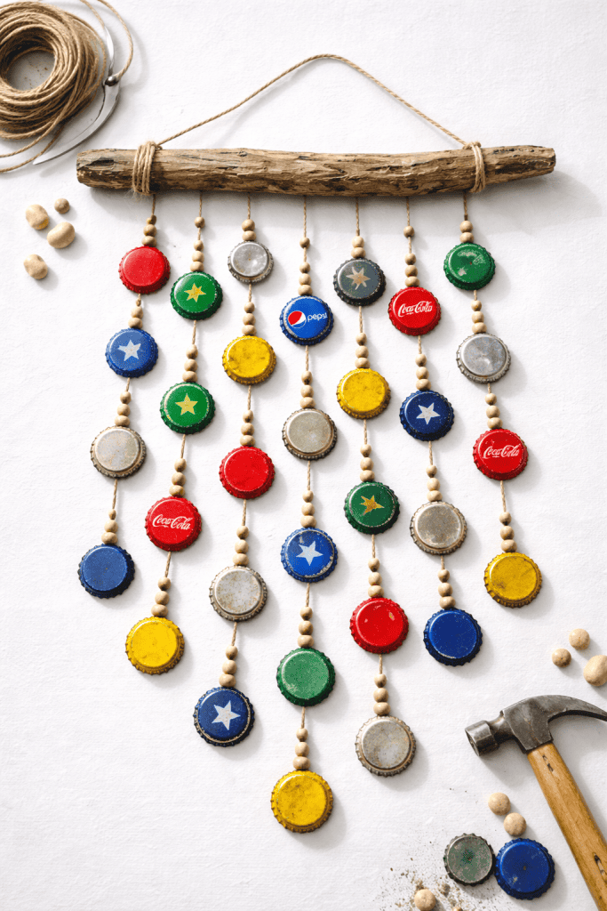 Handmade wind chime with bottle caps