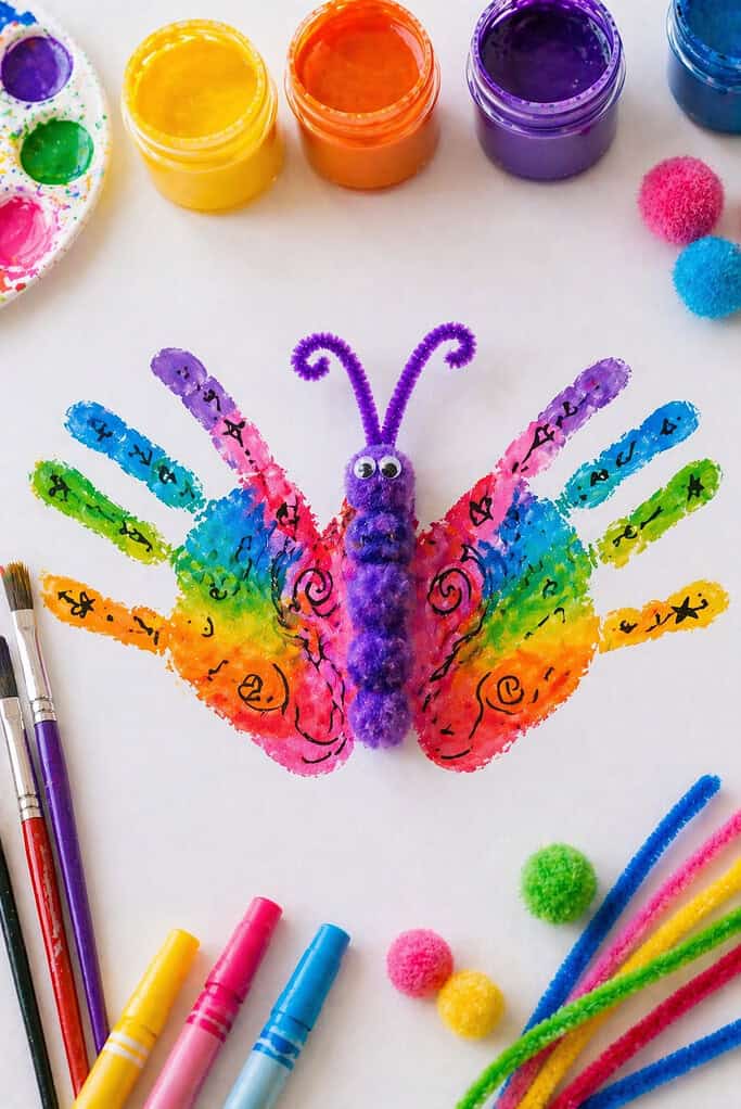 two painted child handprints placed symmetrically with the thumbs touching to form butterfly wings