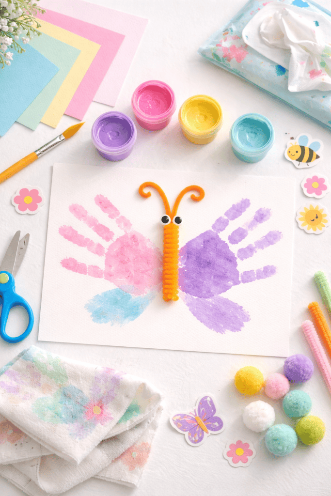 a finished handprint butterfly made from two overlapping painted handprints on white cardstock