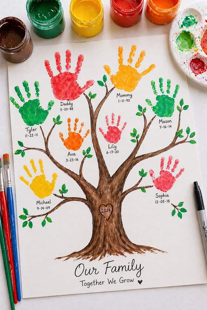 a family tree artwork on a large sheet of white or lightly textured paper or canvas