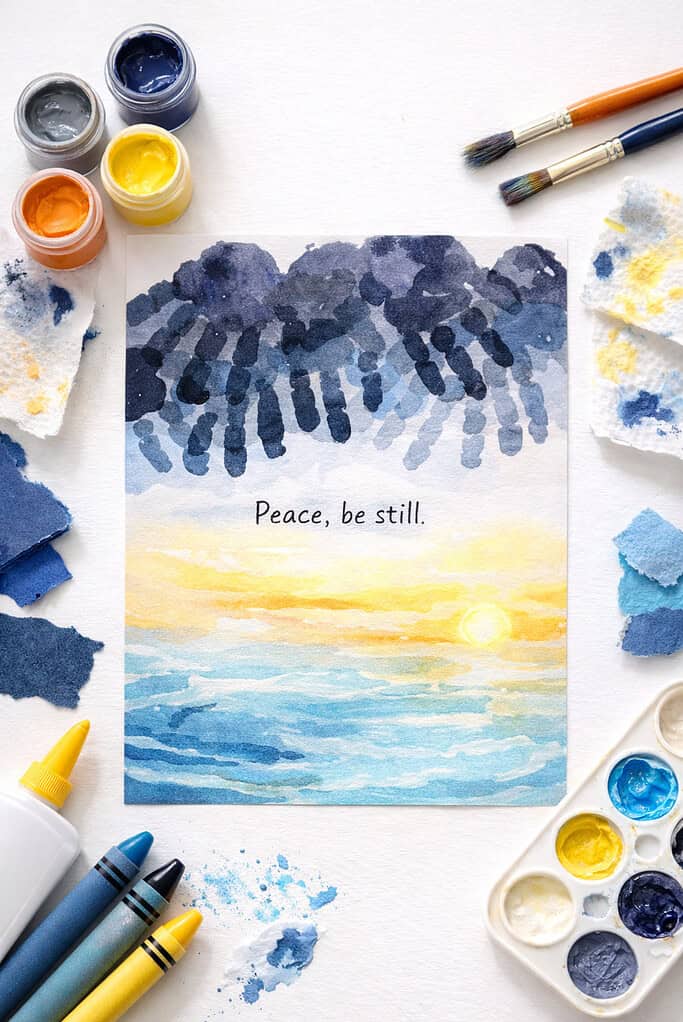 A single sheet of paper centered in the frame featuring a child’s handprint-based artwork.