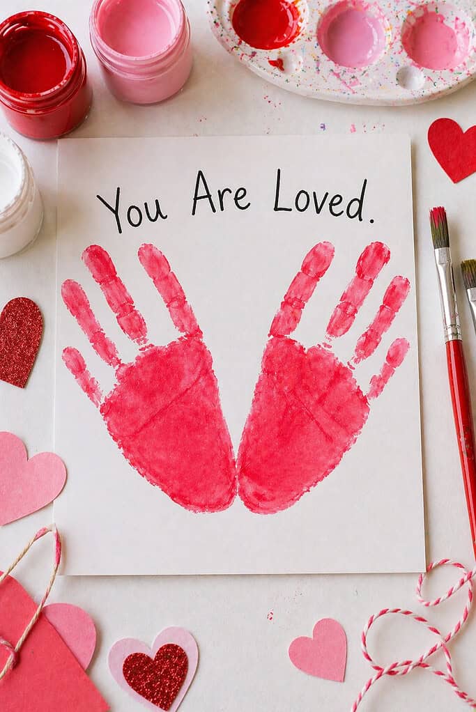 two painted child handprints arranged to form a heart shape