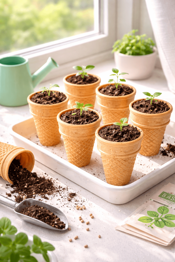 ice cream cone seed starters displayed on a bright, sunny windowsill in a cozy home setting.