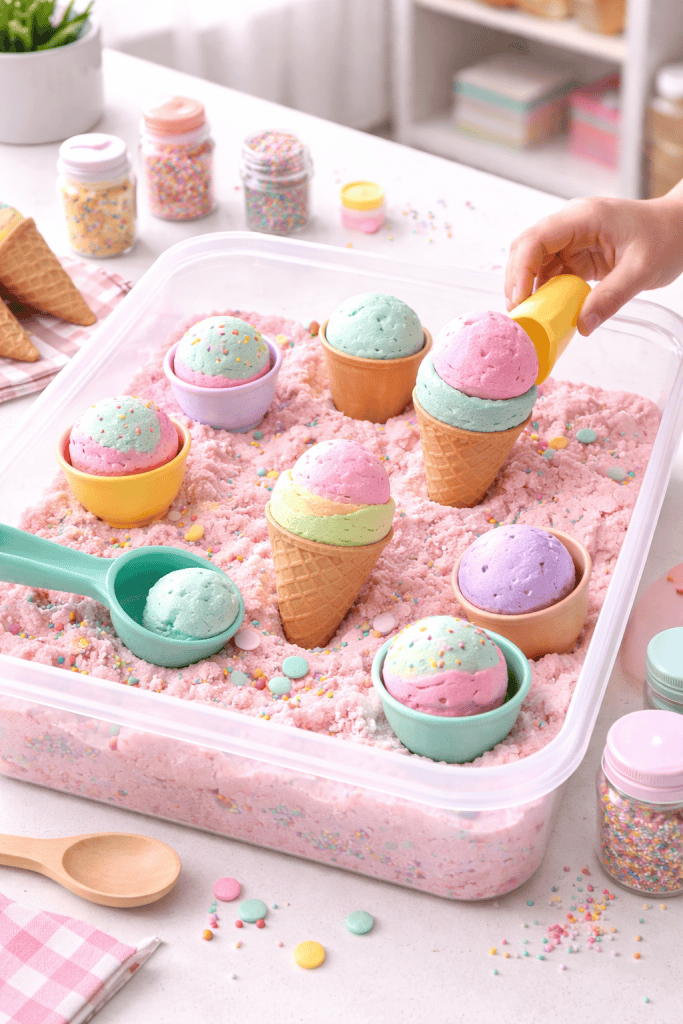 several flat-bottom sugar ice cream cones filled with potting soil, arranged neatly on a white or light-colored windowsill