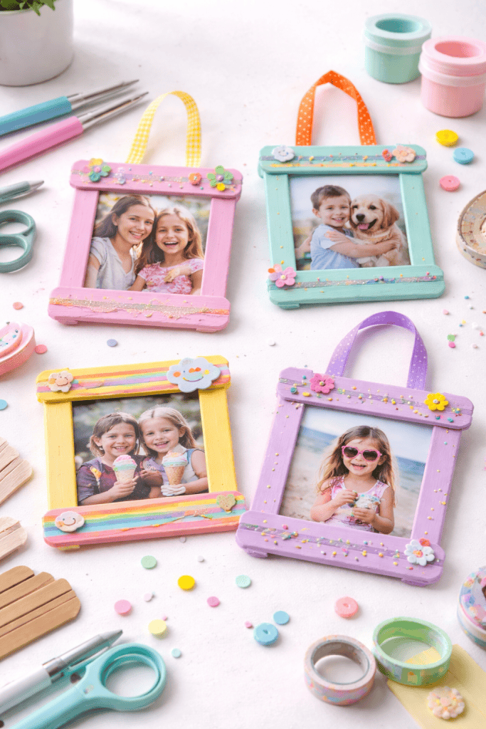 DIY ice cream stick photo frames displayed in a bright, cheerful crafting space or kids’ room
