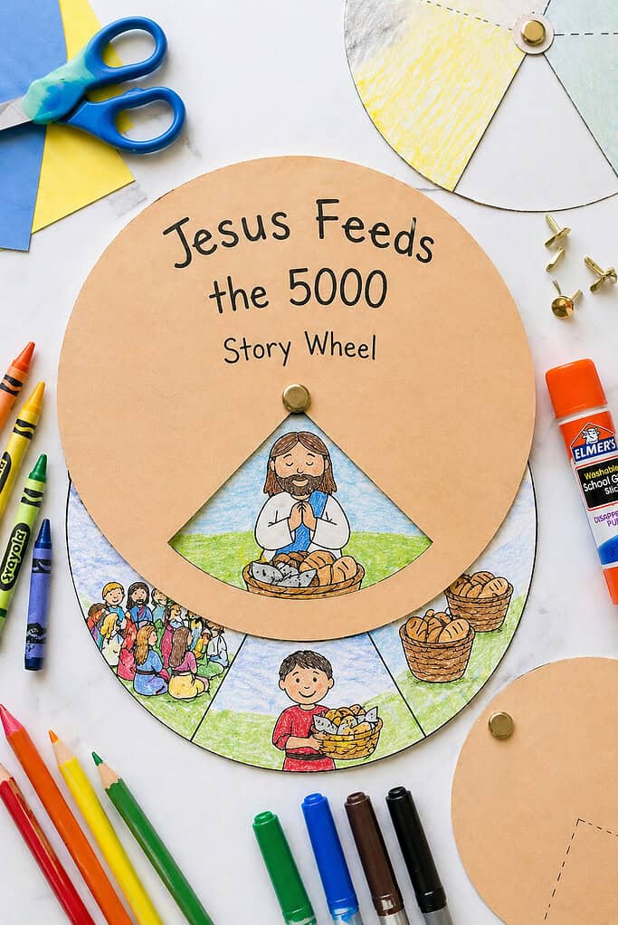 a handmade story wheel craft made from two layered cardstock circles fastened with a small brass brad