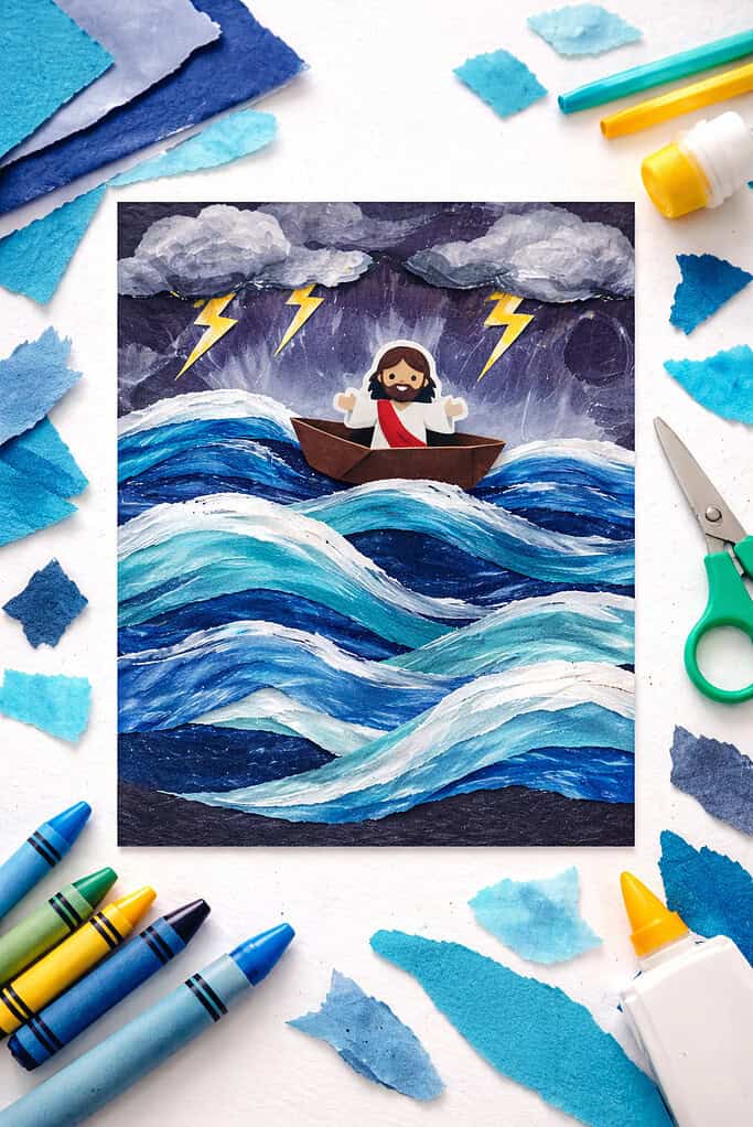 Jesus in the stormy paper waves
