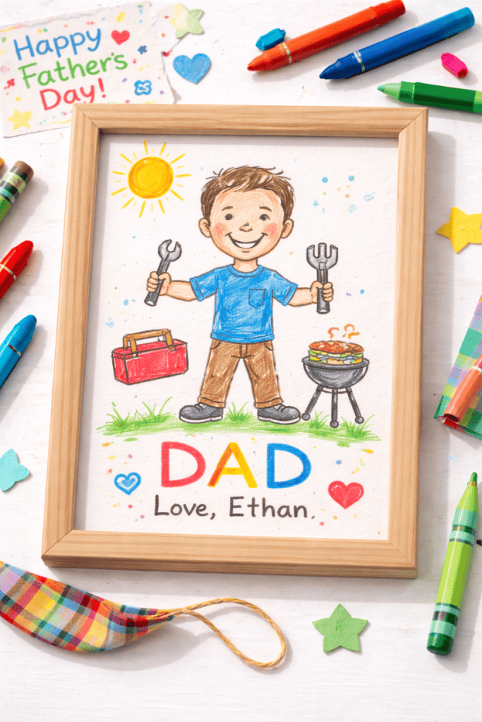 a heartfelt Father’s Day gift: a kid-illustrated portrait of Dad displayed in a simple frame.