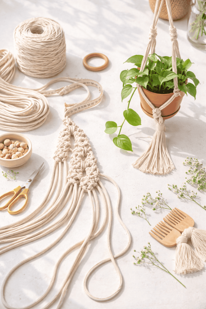 Summer craft macrame plant hanger DIY with cotton cord and potted plant