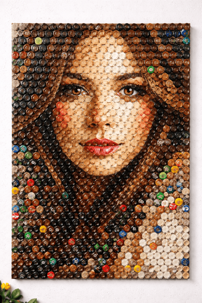 Mosaic portrait of a woman in bottle caps