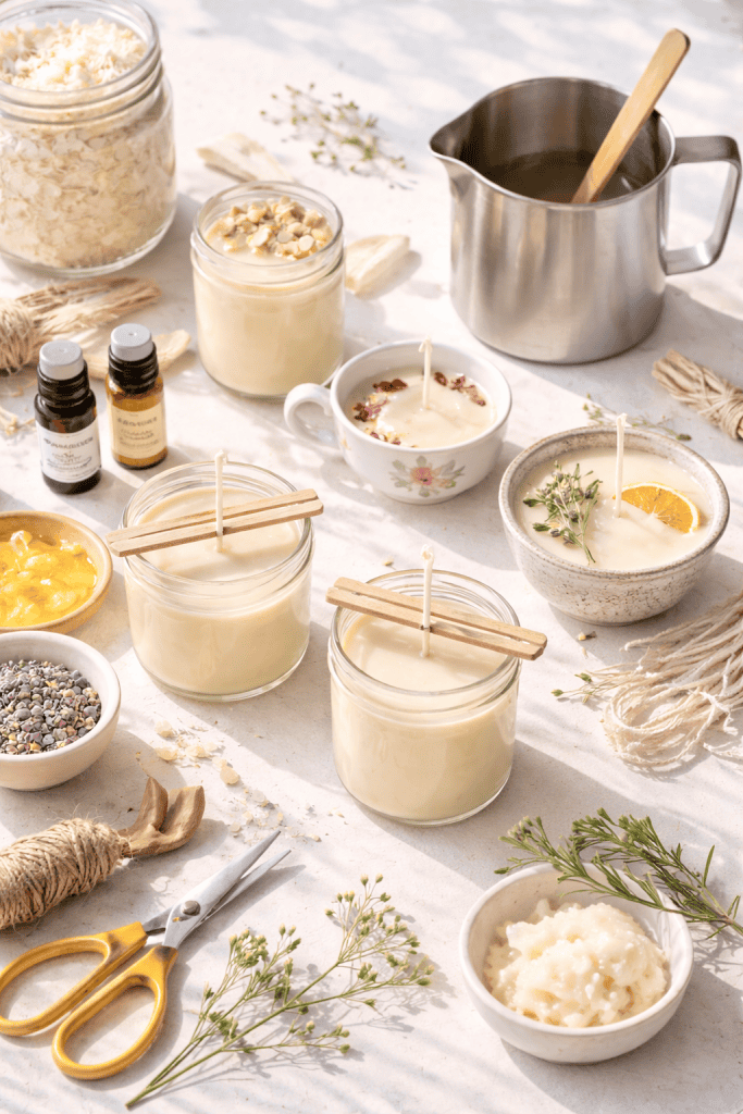 Summer craft DIY soy candles with essential oils and dried herbs