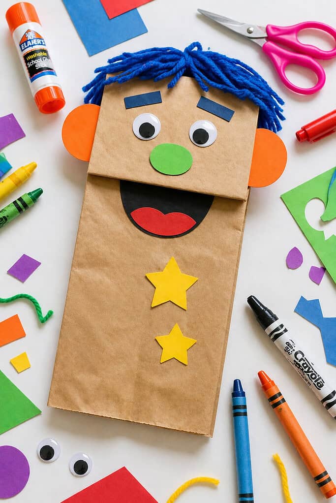 a finished paper bag puppet made from a standard brown paper lunch bag