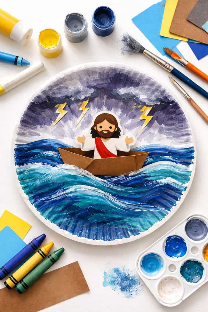 A single paper plate centered in the frame, transformed into a stormy ocean scene.