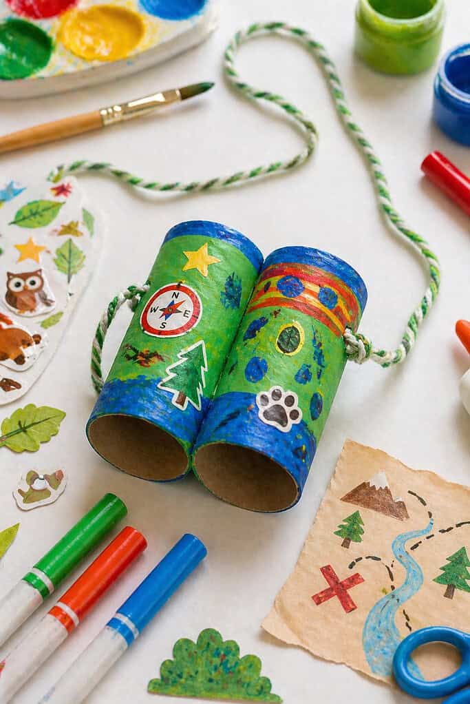 a pair of handmade binoculars created from two toilet paper rolls taped or glued side by side.