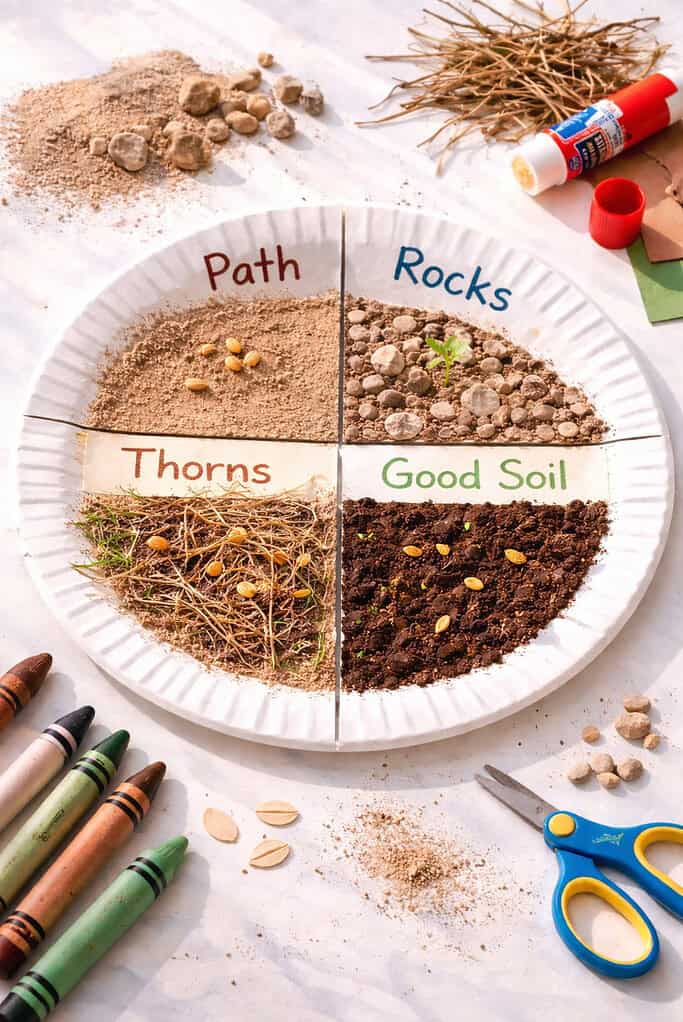 a standard white paper plate divided into four equal sections using visible marker lines or lightly drawn borders. Each section clearly represents one type of soil from the Parable of the Sower, arranged in a clean quadrant layout