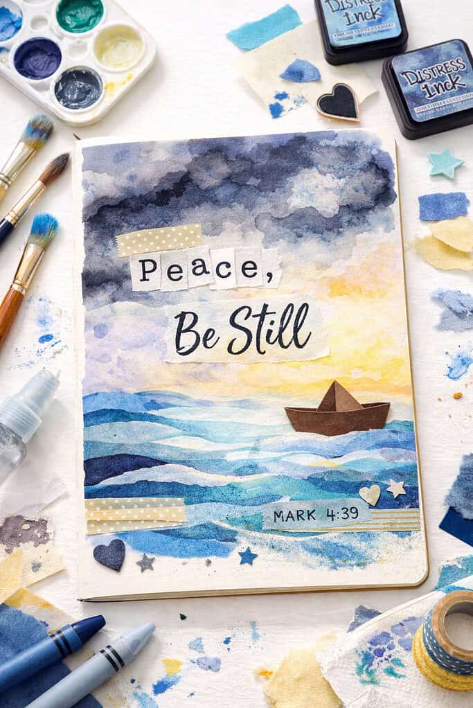 A single open journal page or piece of thick cardstock centered in the frame, featuring a mixed-media art composition inspired by Mark 4:39.