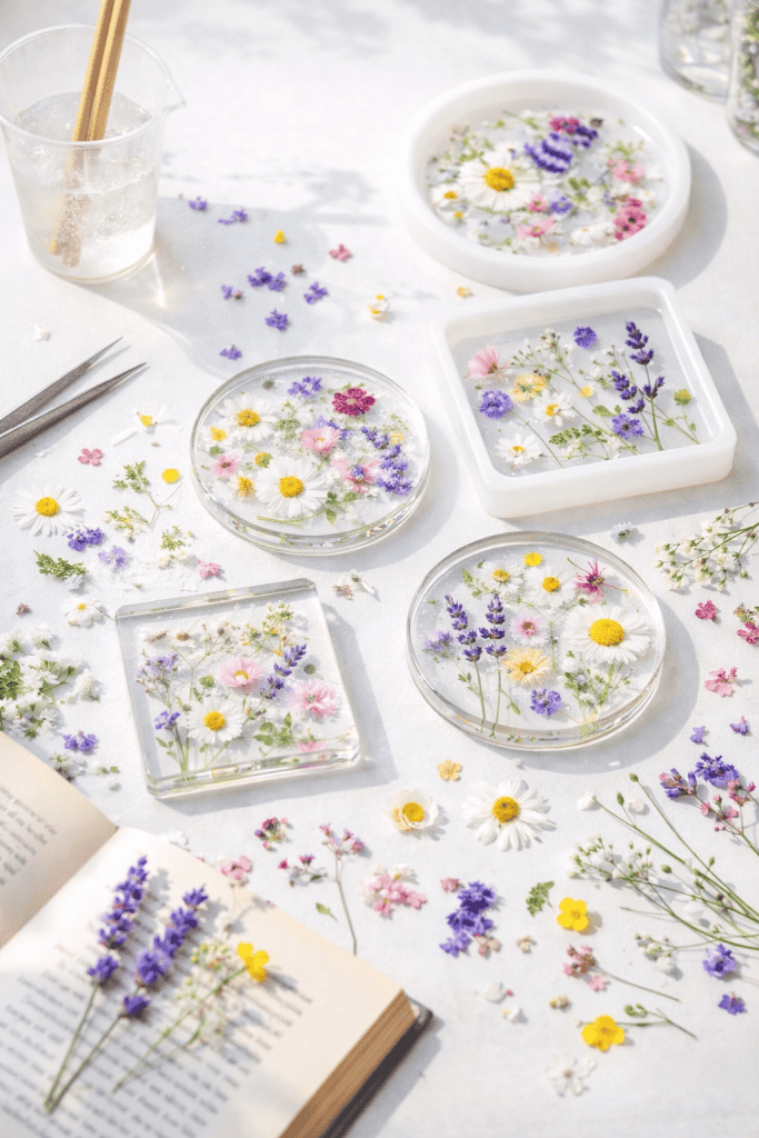Summer craft pressed flower resin coasters and trays on table