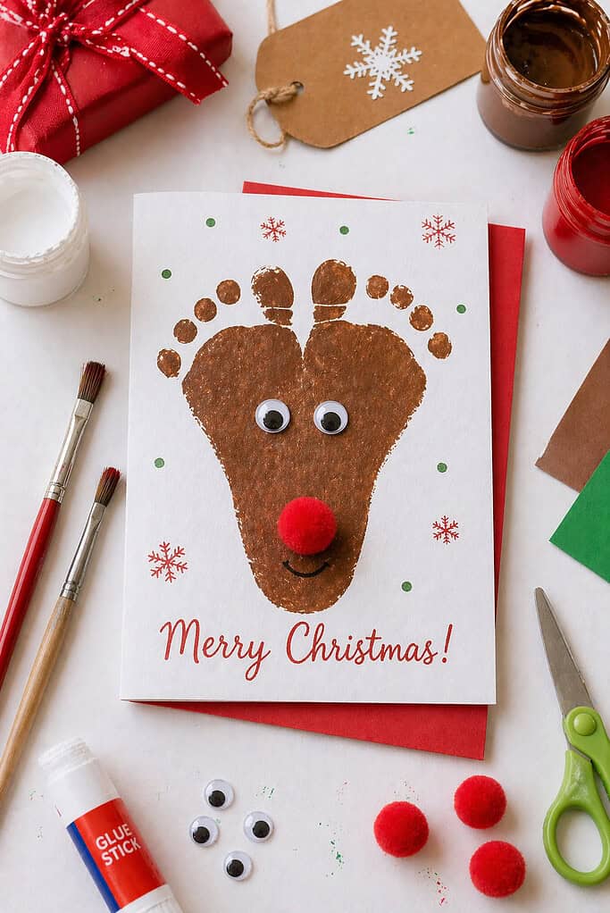 a finished holiday card featuring a child’s footprint stamped in rich brown paint