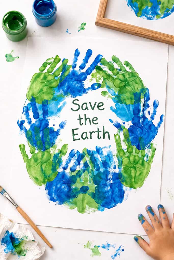 A large sheet of white paper filled with overlapping child-sized handprints arranged in a circular globe shape.