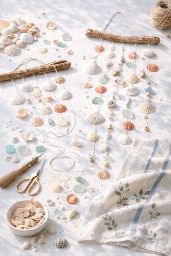 Summer craft DIY seashell wall hanging with driftwood and beach decor