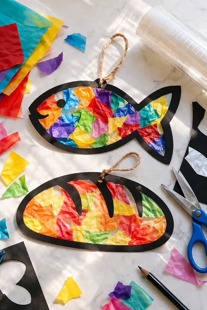 two finished suncatcher crafts—one shaped like a fish and one like a loaf of bread—made from black cardstock outlines