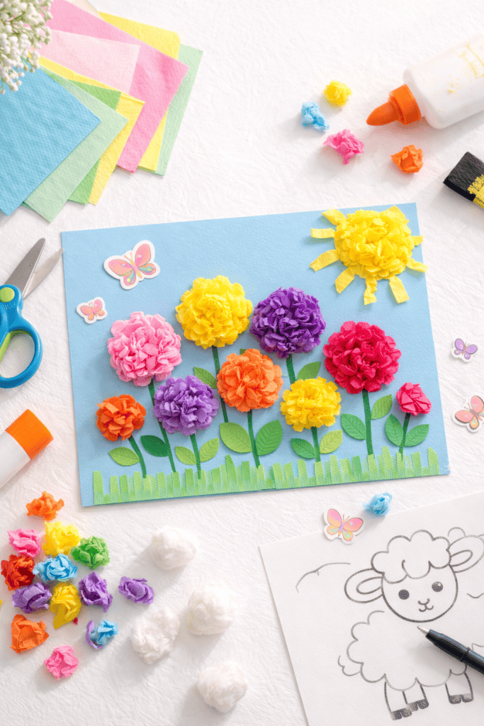 a toddler spring craft featuring a “Tissue Paper Flower Garden.”