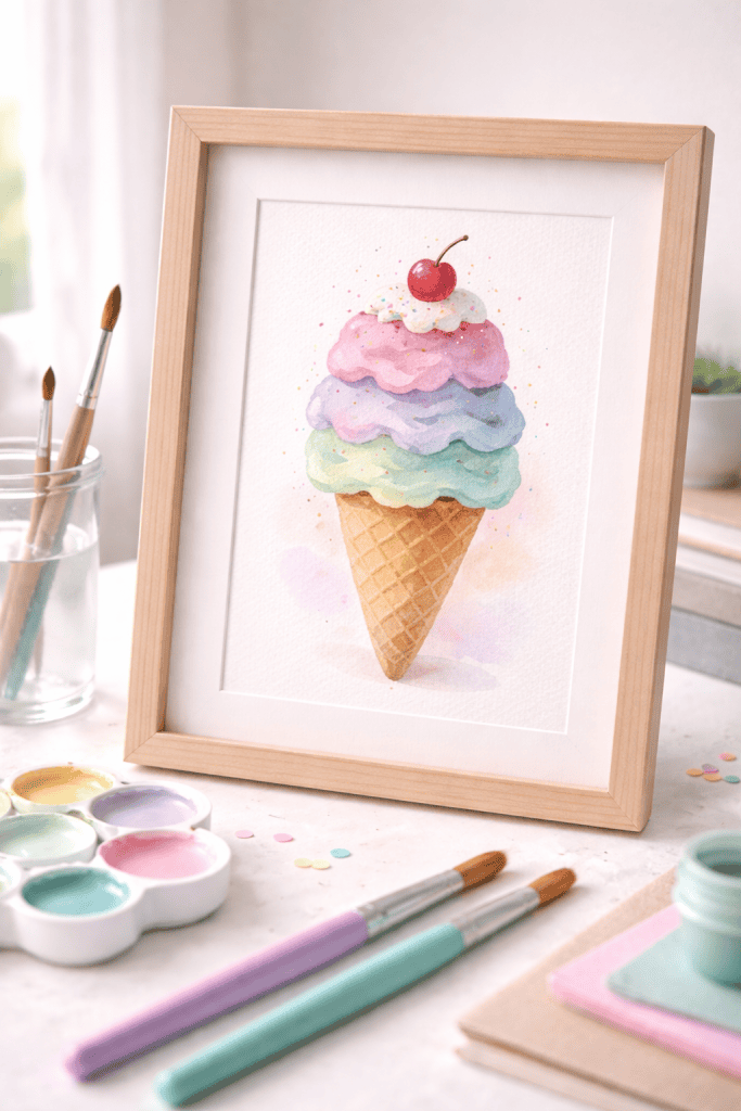 a finished watercolor painting of an ice cream cone on textured watercolor paper.