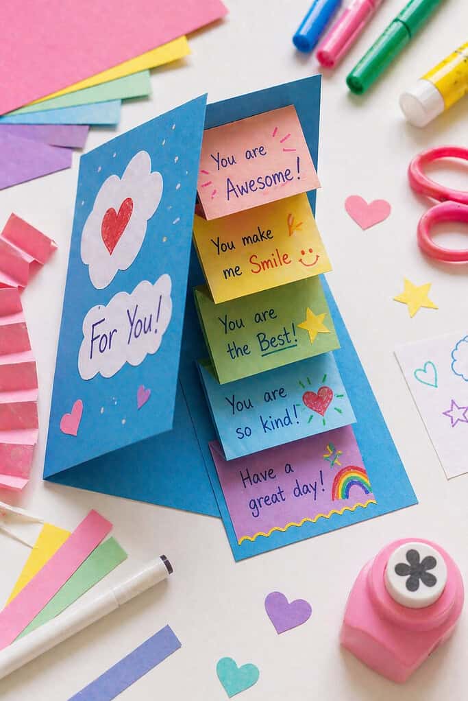 a handmade waterfall card partially opened to reveal its cascading accordion-fold mechanism