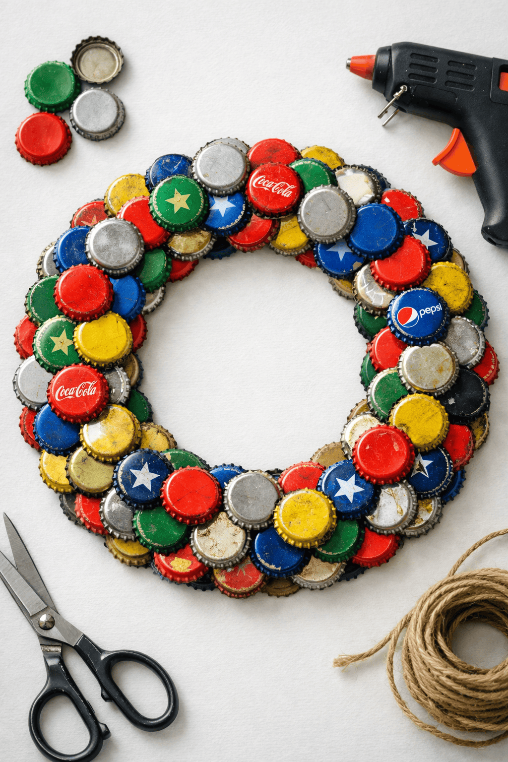 a handmade wreath crafted entirely from recycled bottle caps