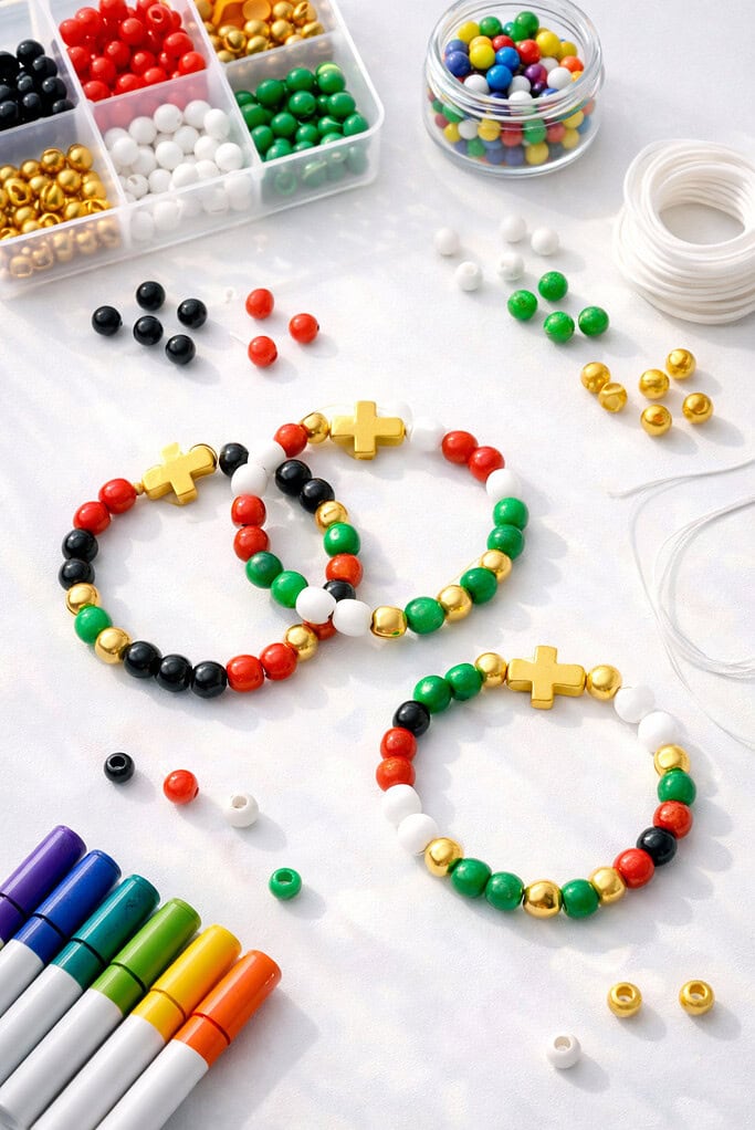 A set of handmade beaded faith bracelets placed at the center, featuring vibrant beads in symbolic colors: black, red, white, green, and gold