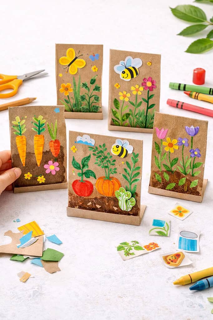 Several pieces of flattened cereal box cardboard (plain brown interior side facing up) transformed into upright garden scenes.
