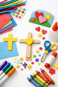 kid-friendly supplies such as colored construction paper, popsicle sticks, child-safe scissors, glue sticks, markers, crayons, pipe cleaners, stickers, and foam shapes