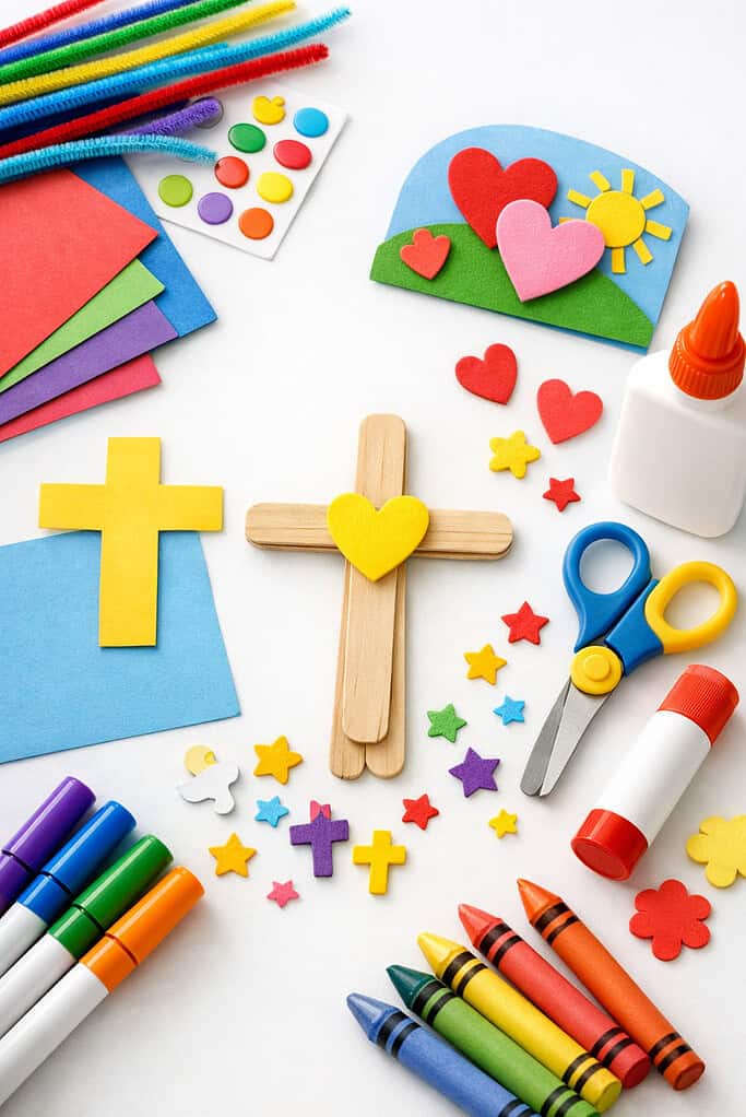 kid-friendly supplies such as colored construction paper, popsicle sticks, child-safe scissors, glue sticks, markers, crayons, pipe cleaners, stickers, and foam shapes