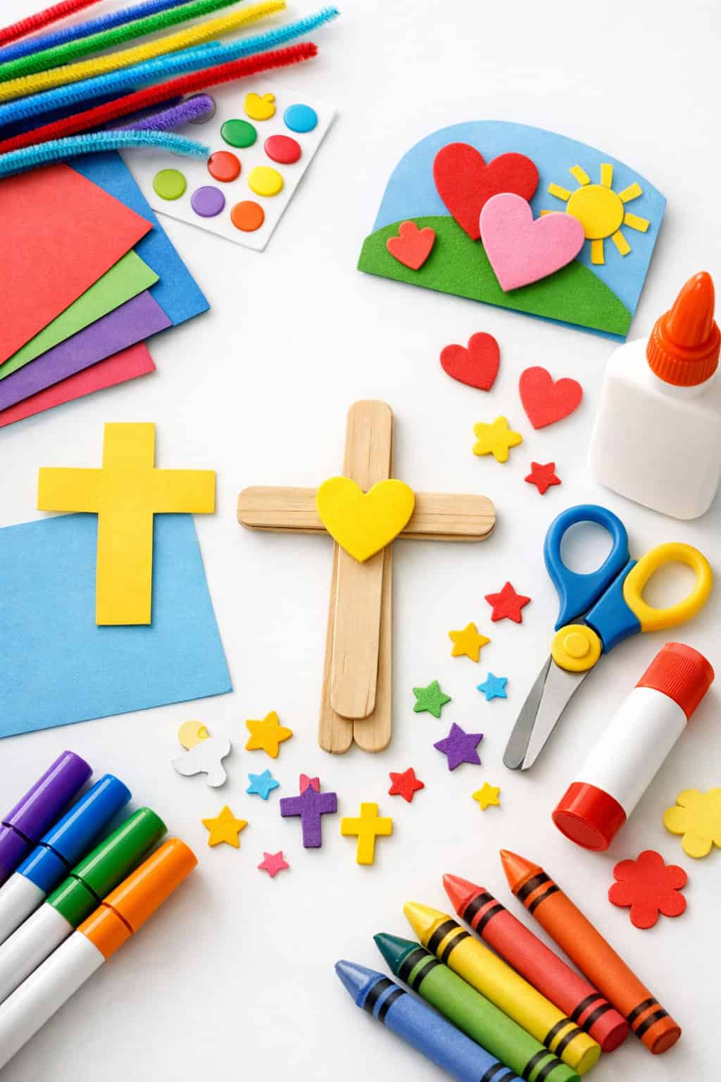 kid-friendly supplies such as colored construction paper, popsicle sticks, child-safe scissors, glue sticks, markers, crayons, pipe cleaners, stickers, and foam shapes