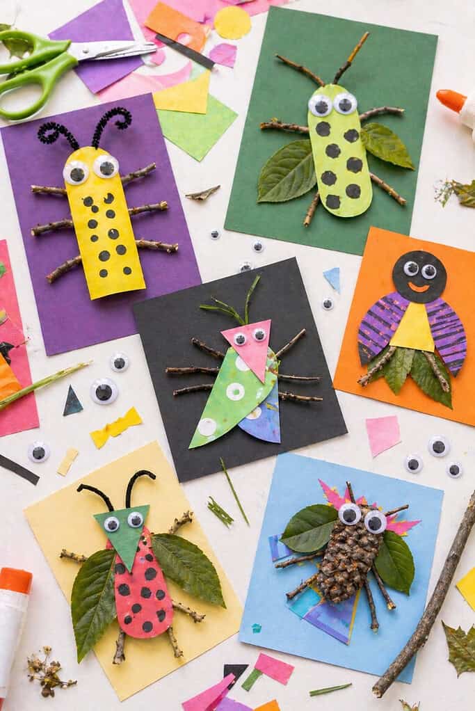A variety of imaginative “bugs” created by children using mixed materials.