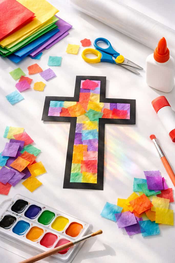 A handmade cross-shaped suncatcher placed at the center, crafted from translucent contact paper and filled with vibrant pieces of tissue paper in reds, yellows, blues, and purples