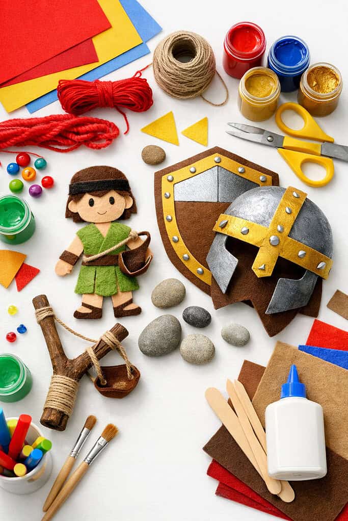 craft materials in a visually balanced flat lay, subtly telling the story of David and Goliath through symbolic elements