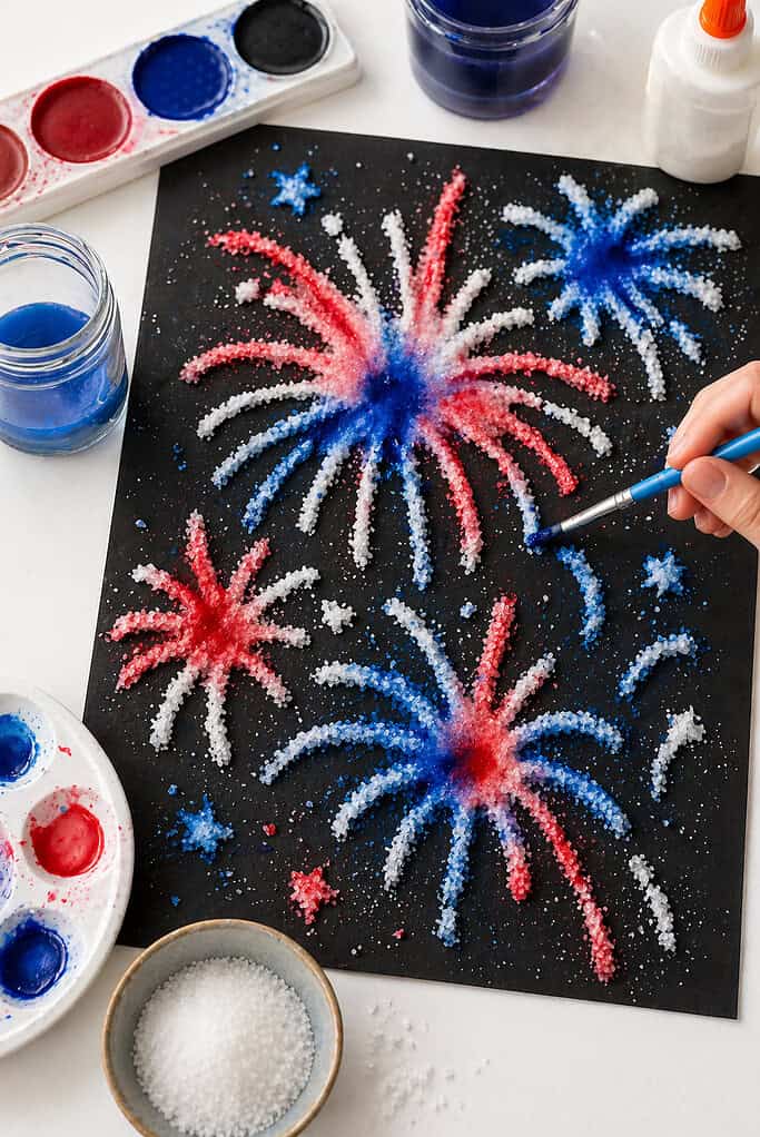 A sheet of black cardstock centered in the frame, featuring firework burst designs traced with dried glue and coated in coarse salt