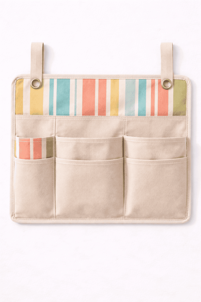 Handmade hammock storage caddy flat lay


