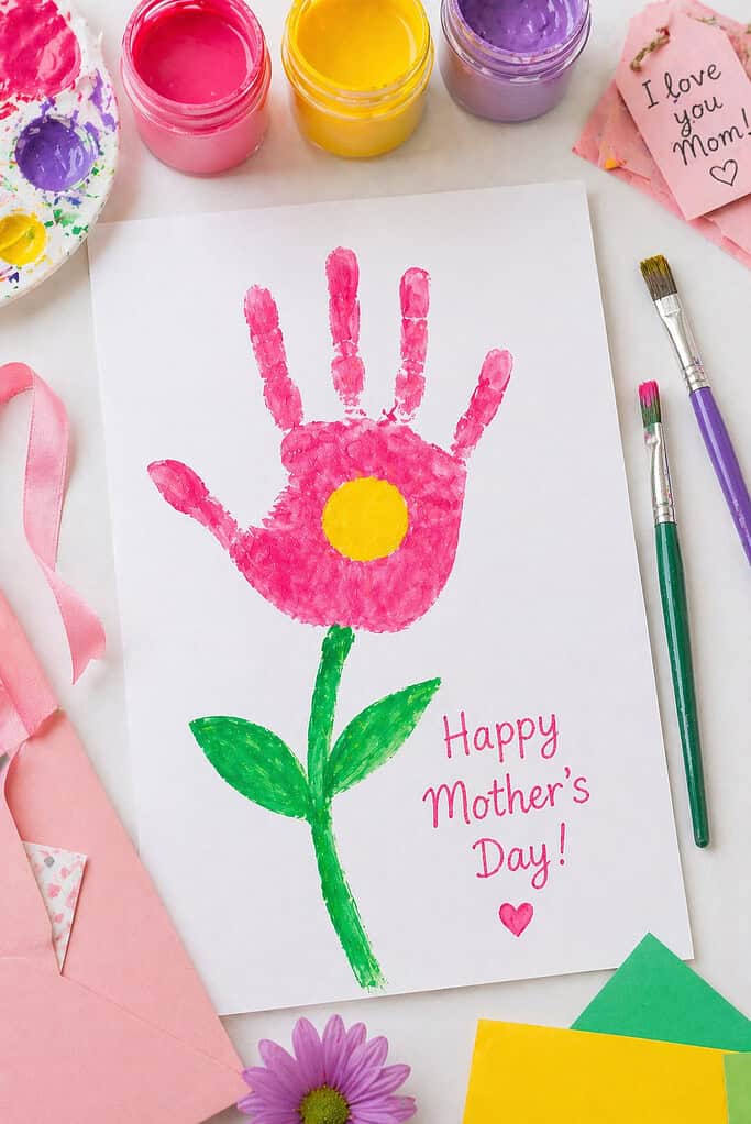 a finished handprint flower artwork where a child’s handprint forms the bloom.