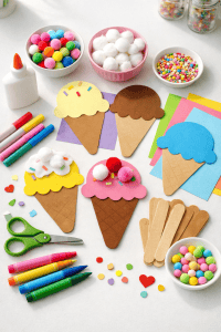 a fun, kid-friendly ice cream craft setup arranged neatly on a clean white table in a bright crafting space