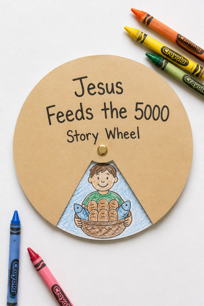 a handmade Jesus Feeds the 5000 story wheel craft made of two paper circles joined by a brass fastener with one colored scene showing through a cutout window