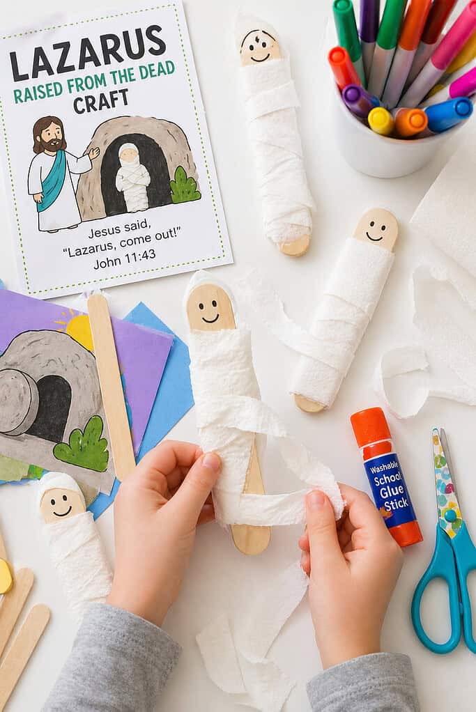 a small popsicle stick figure wrapped in thin strips of white paper towel or soft fabric, resembling a mummy (representing Lazarus).