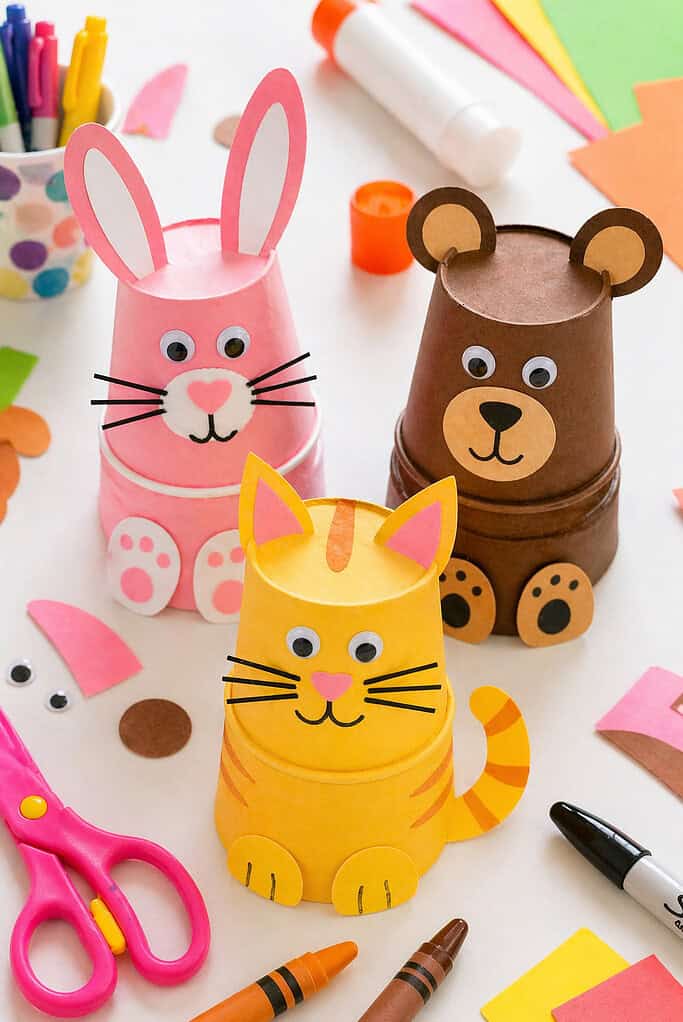 a small group of finished paper cup animals made from stacked disposable paper cups.