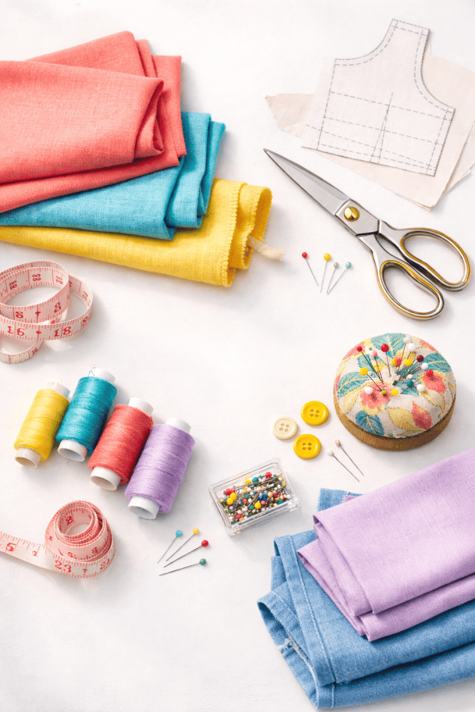 a curated selection of sewing materials in an aesthetically pleasing flat lay