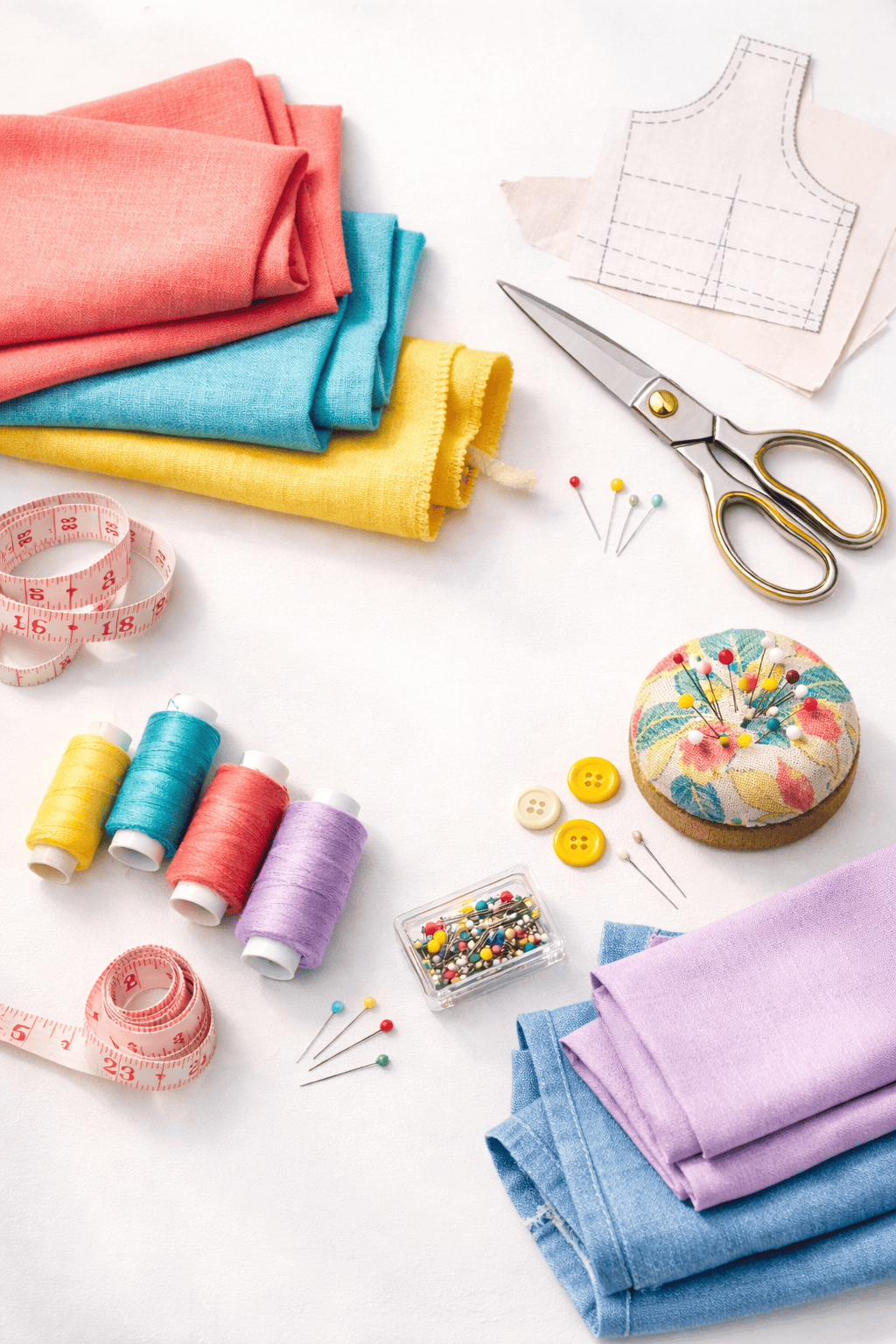 a curated selection of sewing materials in an aesthetically pleasing flat lay